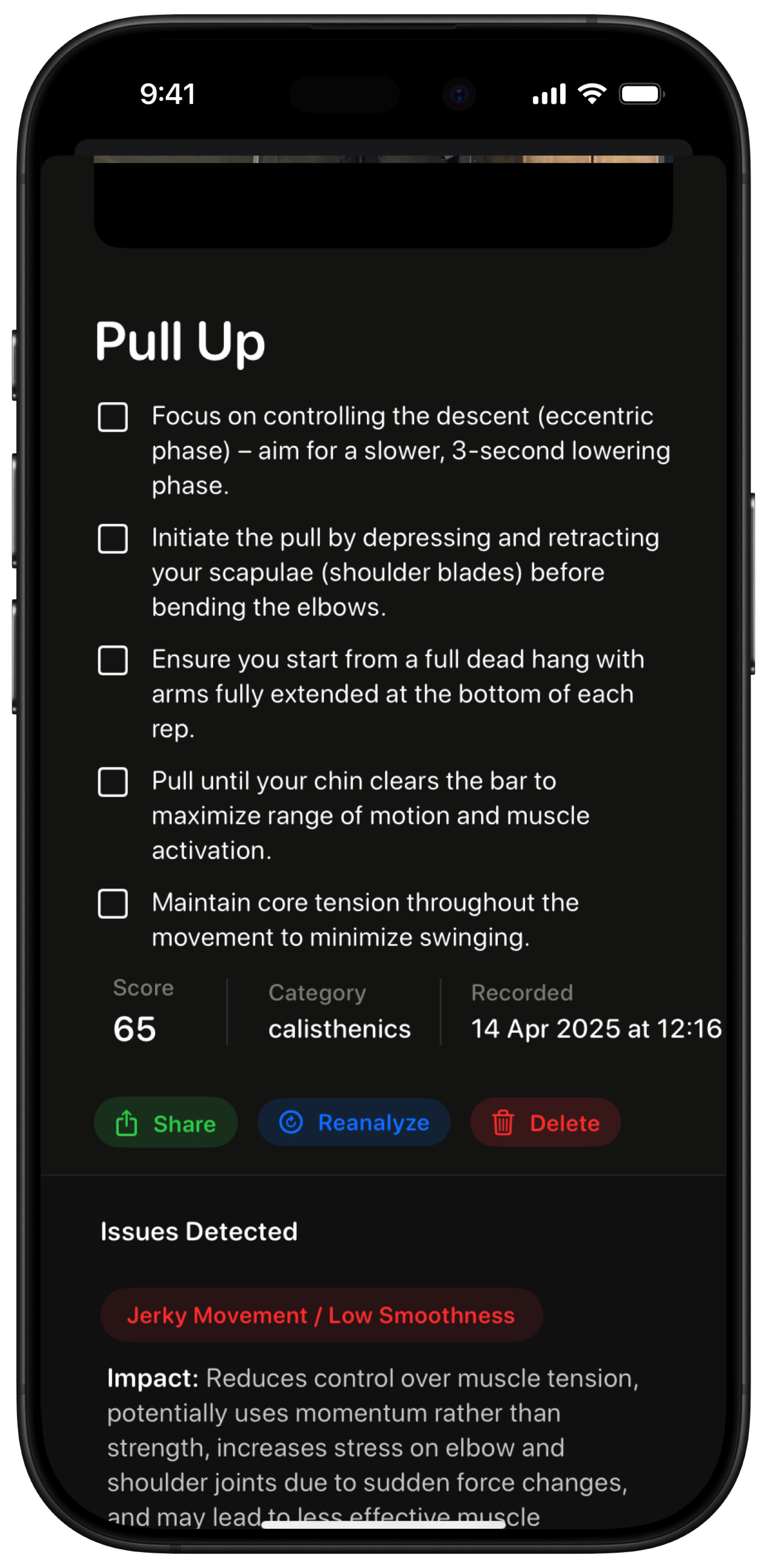 Optima app screenshot showing workout feedback